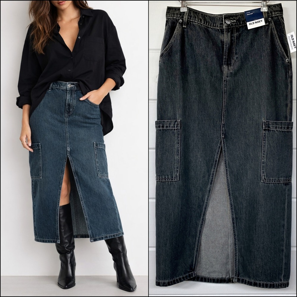 90s Cargo Pocket Column Denim Maxi Skirt‎ 16 Mid Rise Vtg Y2K Utility Streetwear